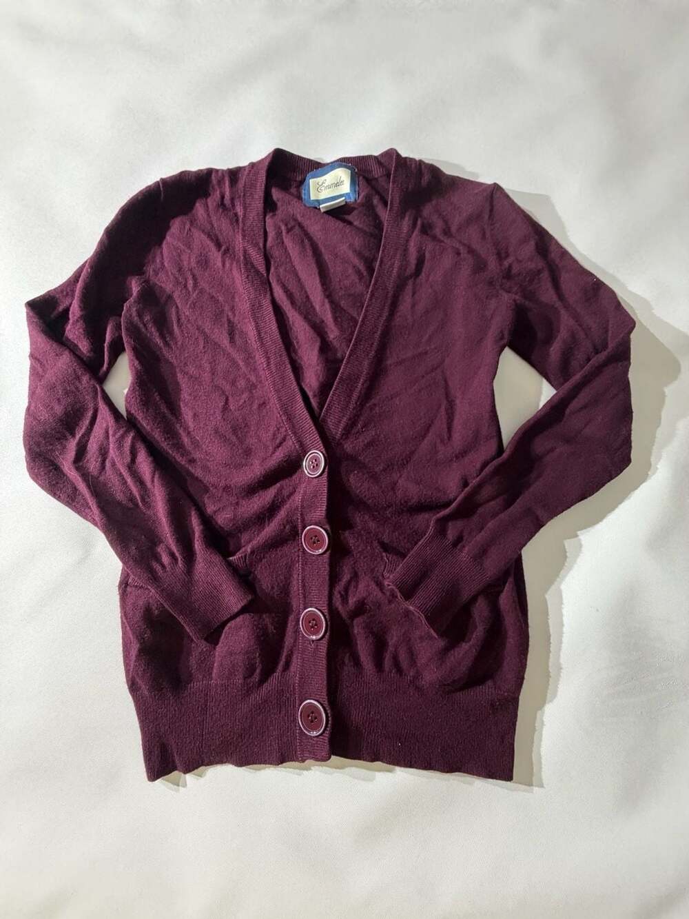 Emmelee S Burgundy Cardigan V Neck Button Front Long Sleeve Preppy Cozy